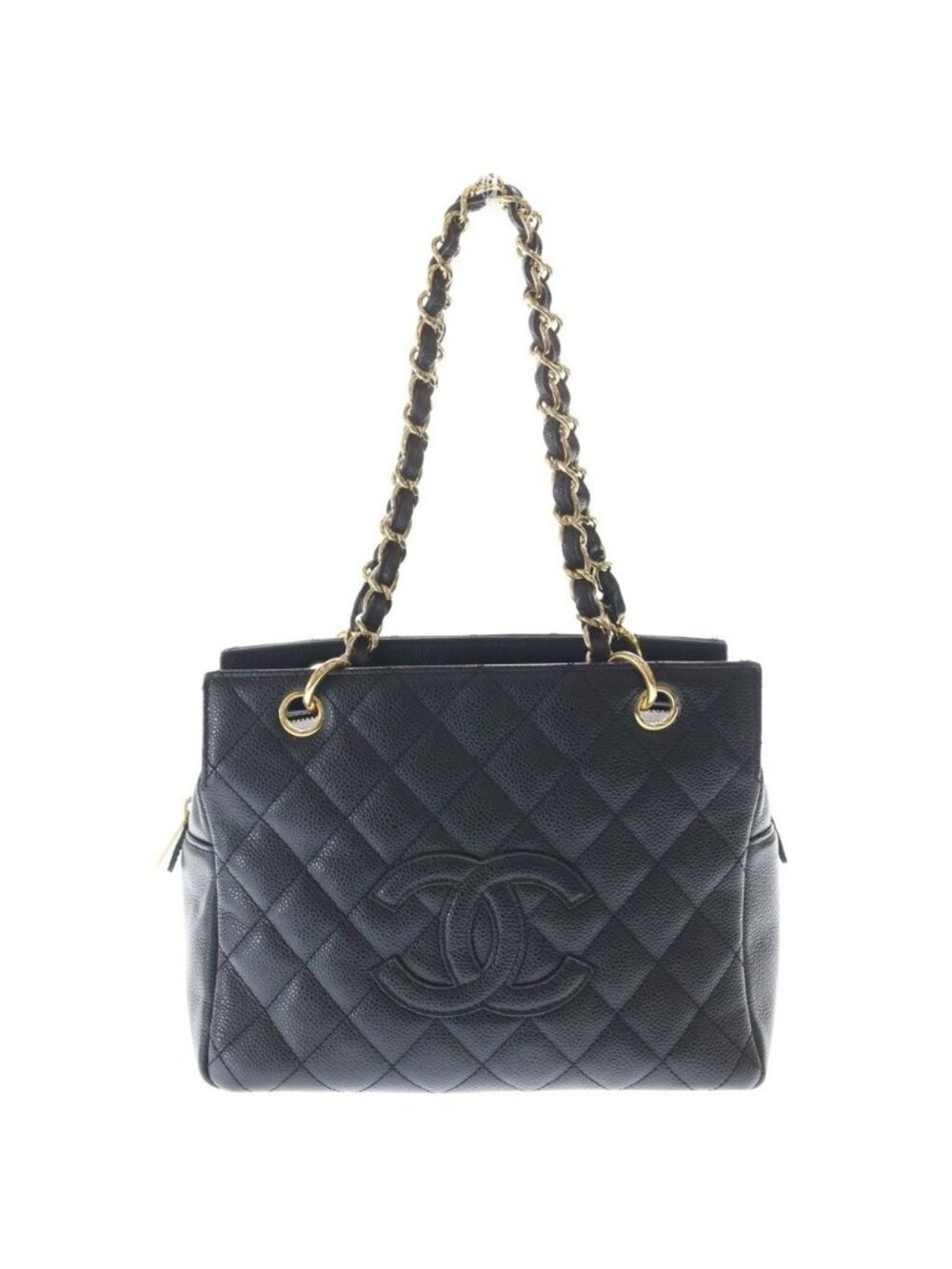 Chanel Quilted Petit Timeless Tote Chain Shoulder Bag Caviar Leather Gold Black